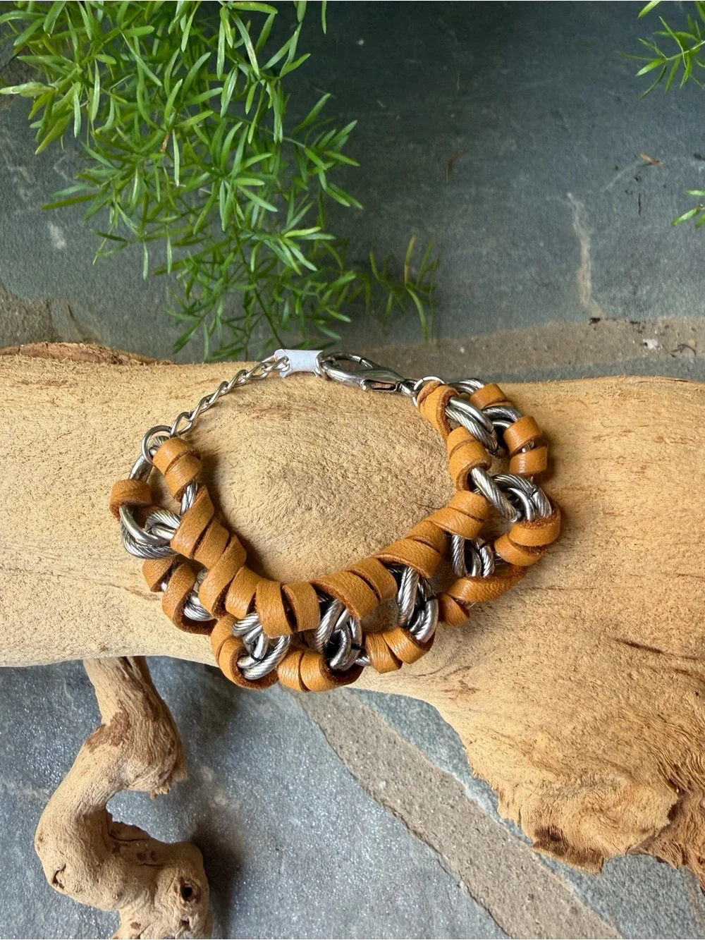 New🌟Free People-Braided Leather and Silver Chain Bracelet - Tan